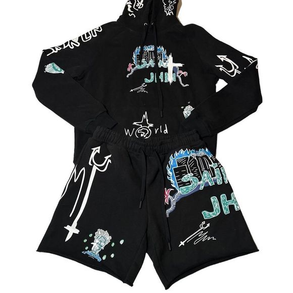 Black Graphic Hoodie and Shorts Set - Picture 1 of 6